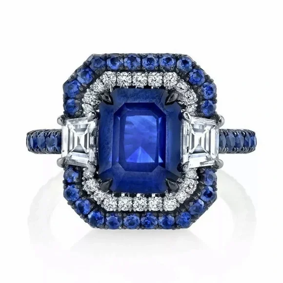 925 Silver Women Rings Gorgeous Blue Sapphire Women Anniversary Jewelry - Picture 1 of 4